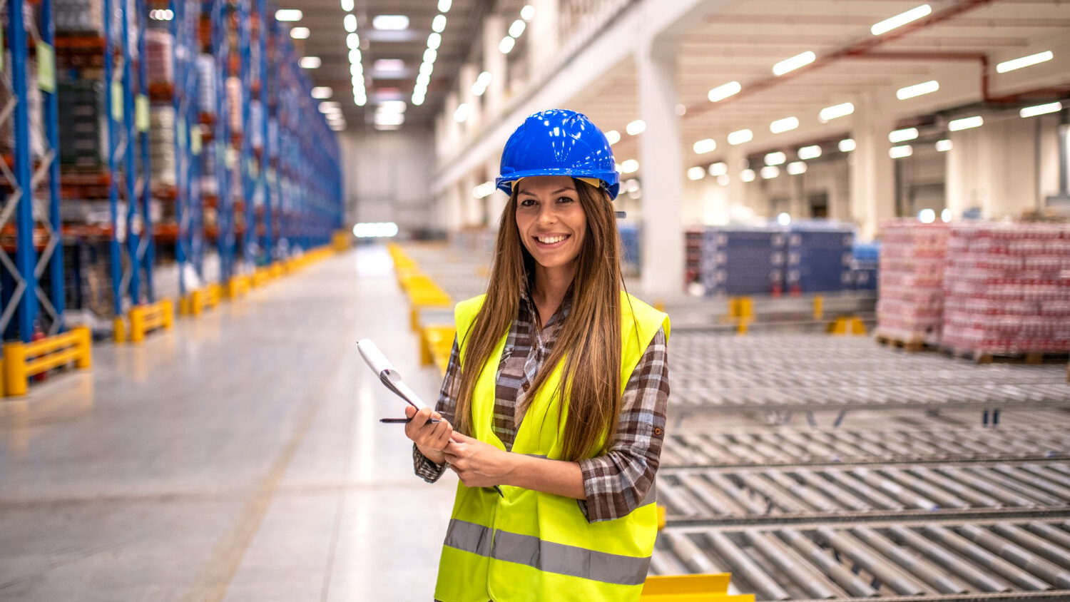 Portrait Beautiful Brunette Woman With Hardhat Reflective Jacket Holding Checklist Big Warehouse Storage Area