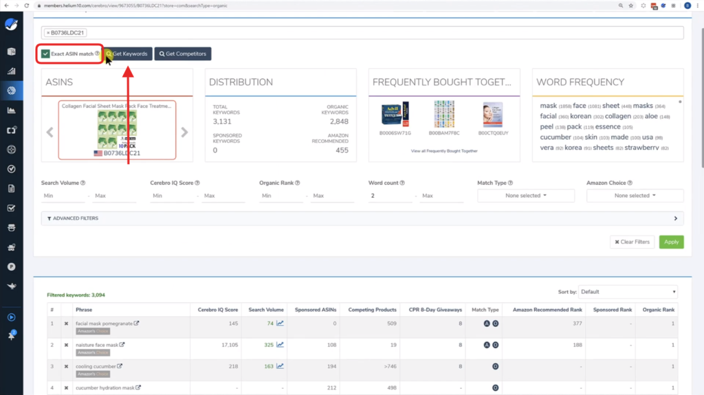 A Screenshot Of An Amazon Keyword Research Tool Called Cerebro By Helium 10