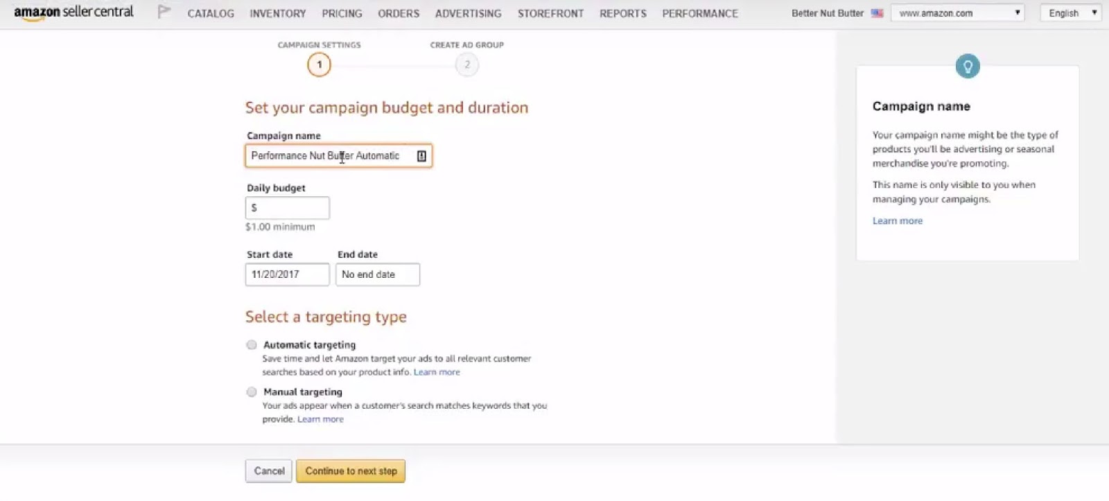 Here Is An Screenshot Of Setting Campaigns In Amazon Ads