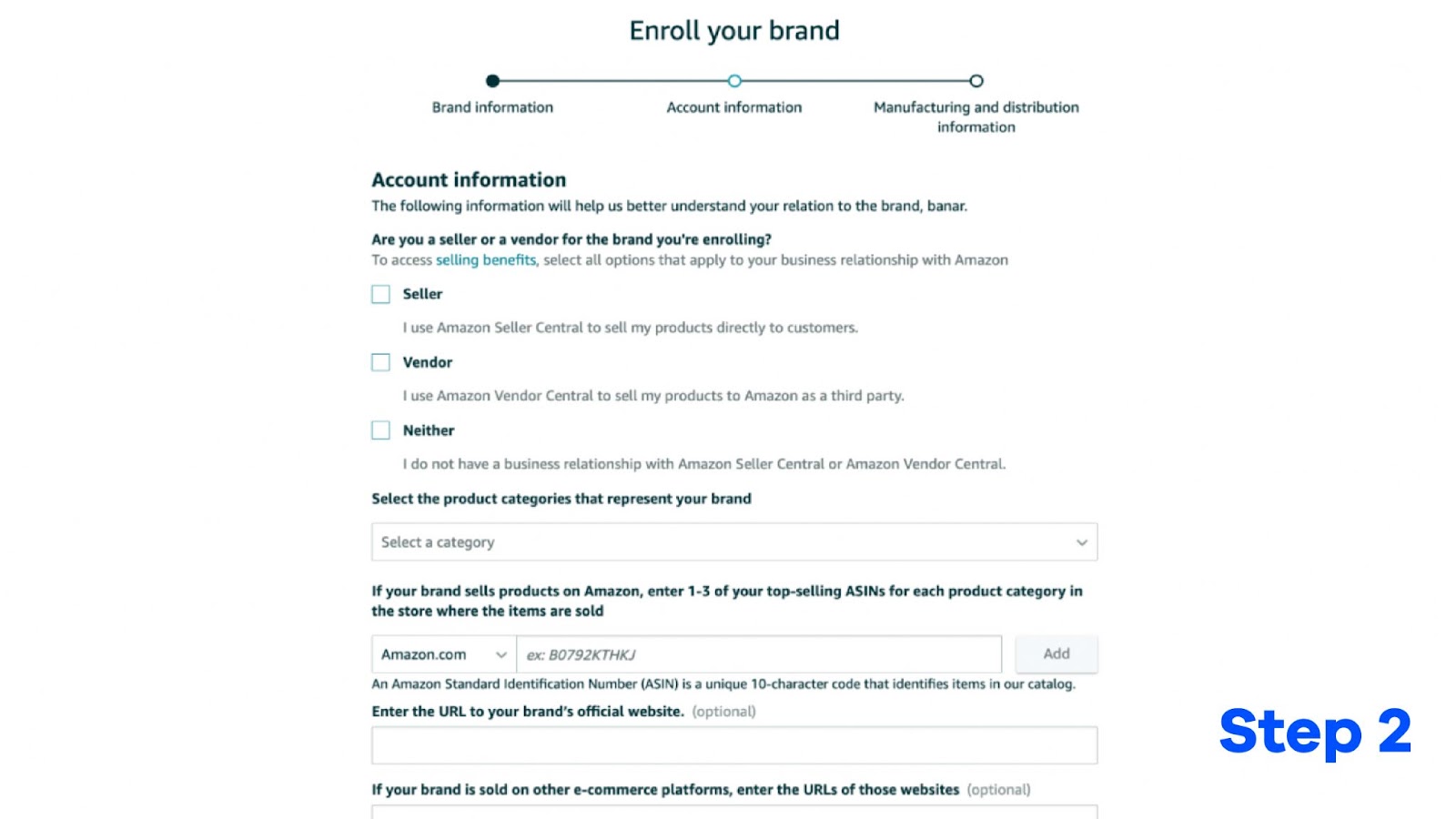 Here's A Screenshot Of Amazon Brand Registry Form Step 2