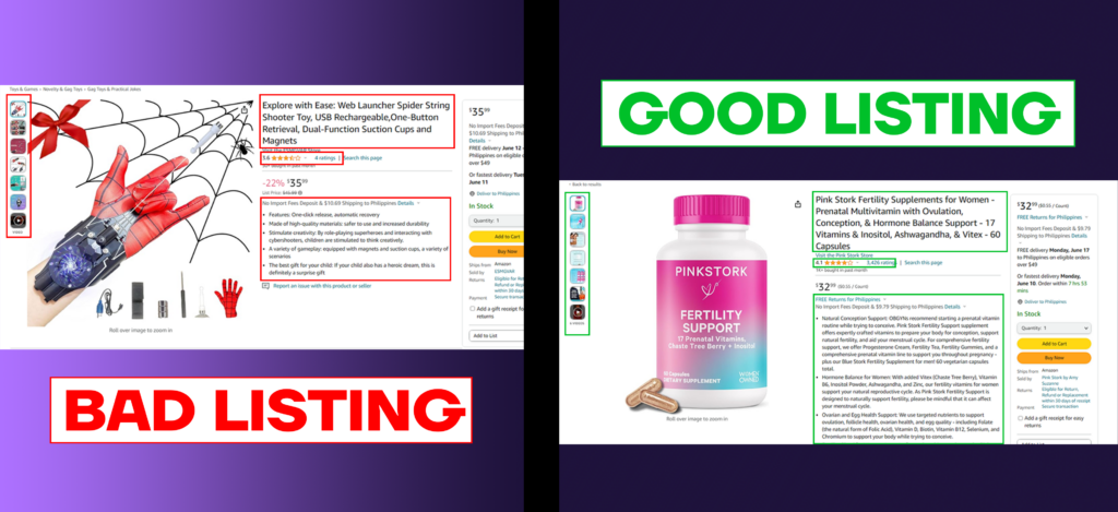 Here's A Comparison Of A High Quality Product Listing Vs. A Low Quality One Highlighting Differences In Photos Descriptions And Keywords