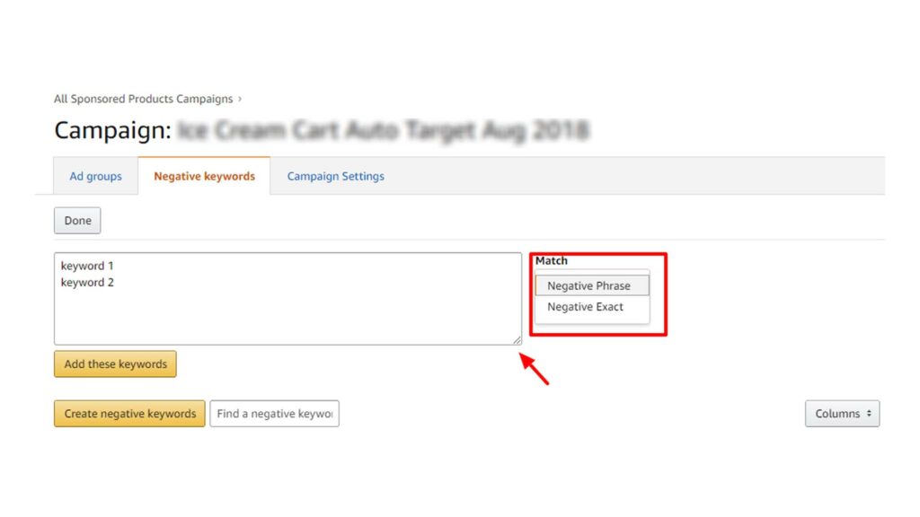 Here's A Screenshot Of The Amazon Ads Interface Highlighting The Negative Keyword Targeting Feature And Its Impact On Campaign Performance 