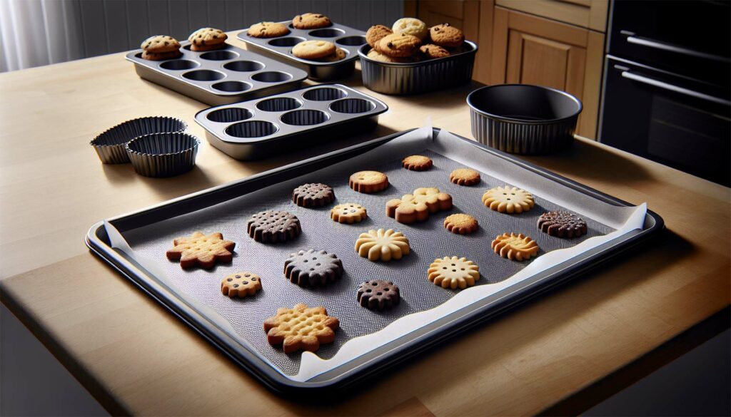 Here's An example image showing a baking sheet with cookies on it, clearly highlighting features such as "non-stick surface" or "10-piece set.