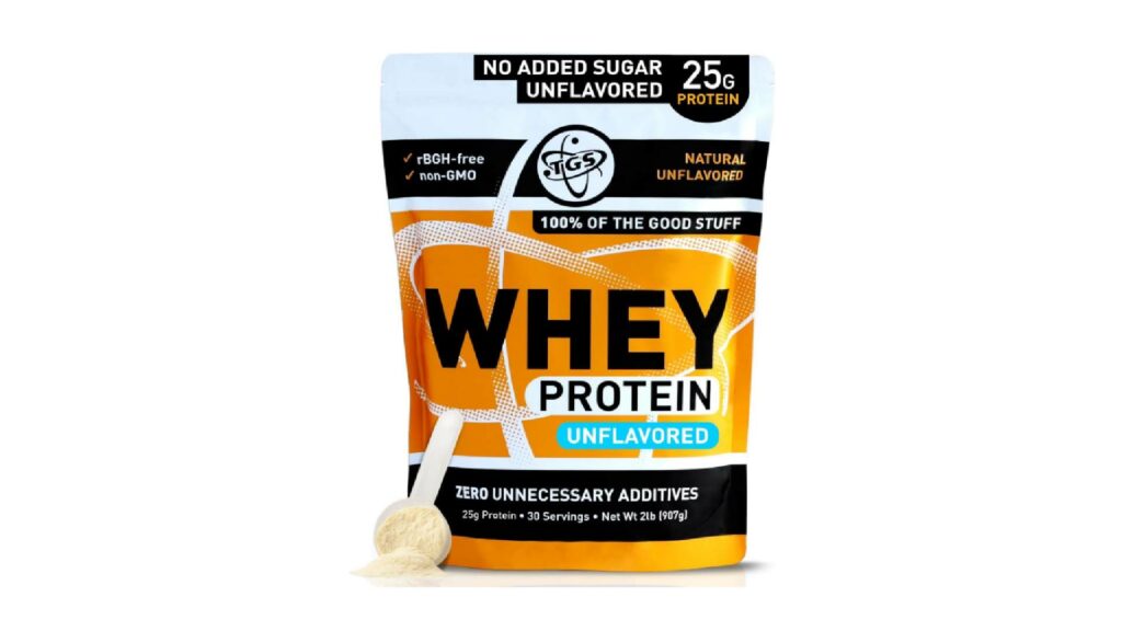 Here's An image of a protein powder with informative labels like "25 grams of protein" and "unflavored" prominently displayed on the packaging.