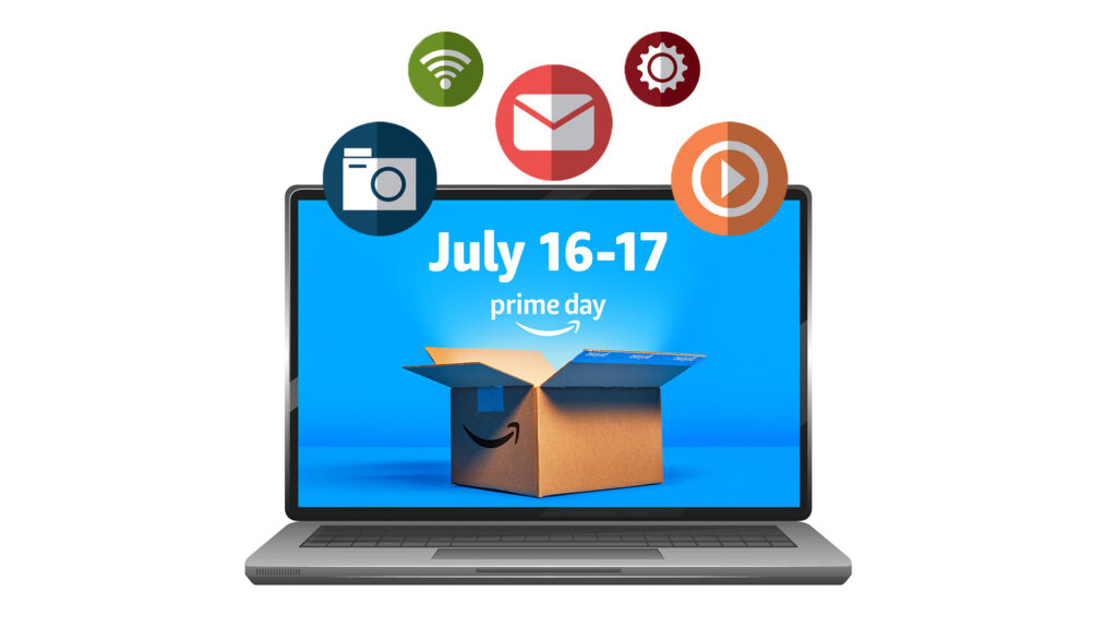 Here's A Visually Appealing Graphic Depicting The Amazon Prime Day 2024 Date July 16th And 17th With Icons Representing Various Marketing Channels Like Social Media Email Video And Search 