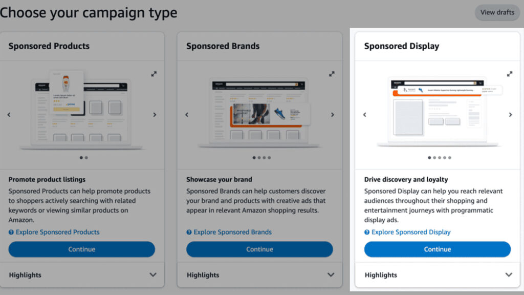 Here's A screenshot of the Amazon Sponsored Display setup page, highlighting the various targeting options and ad formats available. This image should visually depict the Amazon Sponsored Display dashboard, showing the different options for setting up a campaign.