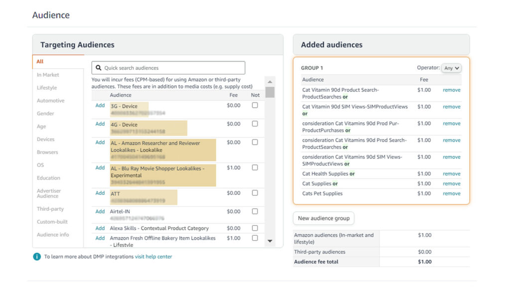 Here's a screenshot showing the audience targeting options within Amazon Sponsored Display, including lifestyle, interest, and in-market audiences. This image should illustrate the different audience segments you can target with Sponsored Display ads.