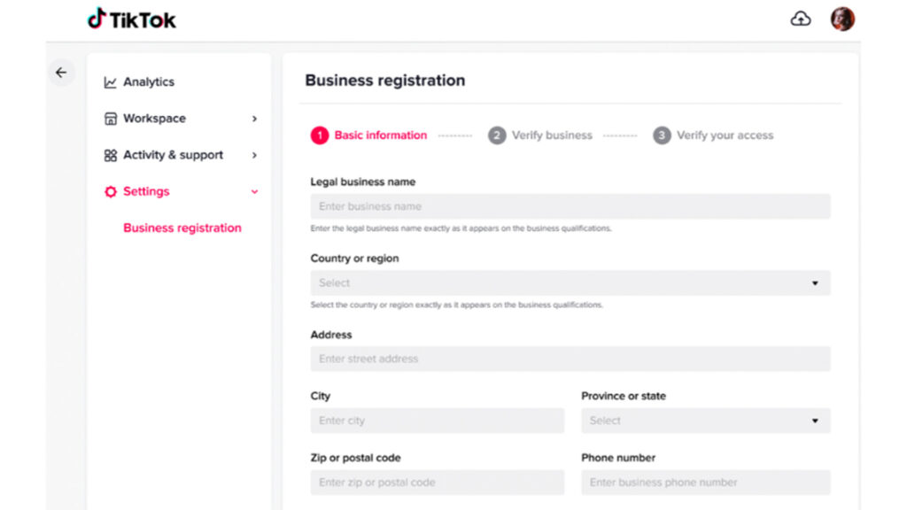 Here's A step-by-step visual guide to registering a business on TikTok. This image will include highlights of key steps such as account creation, verification, and business information entry.