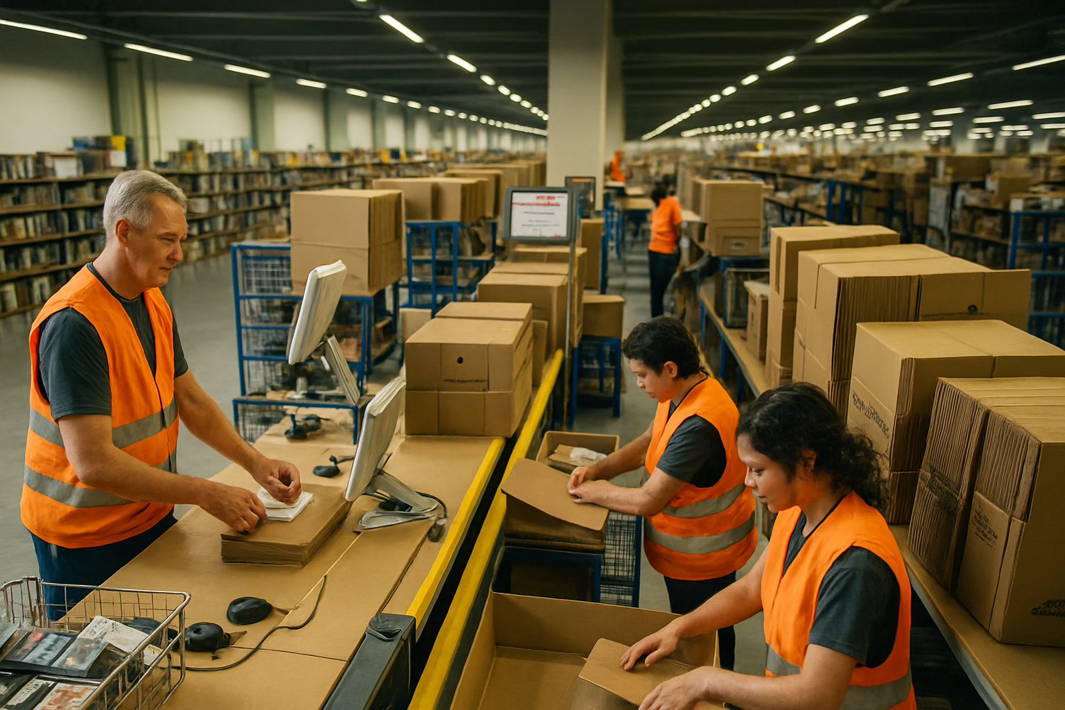A Bustling Amazon Fulfillment Center With Workers Sorting And Packaging Products For Shipment