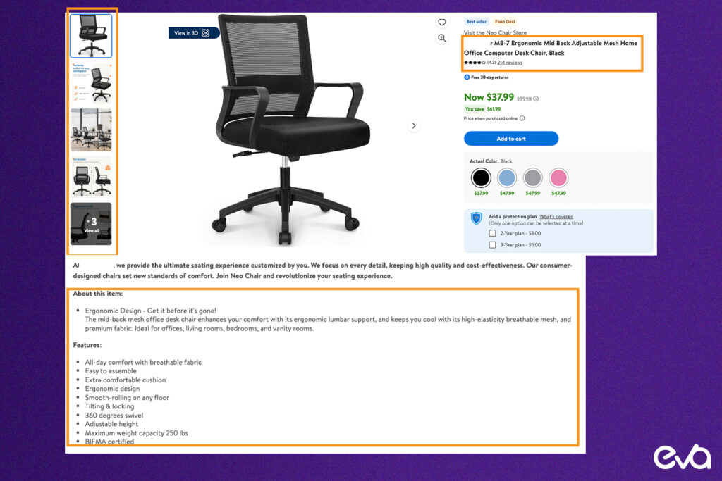 Here's A dynamic visual of a Walmart search page with a product listing highlighted, emphasizing key elements like title, image, and price. 