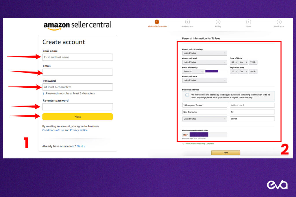 Here's a process flow chart illustrating the Amazon Seller Registration Process. This should visually guide readers through the registration steps clearly and engagingly, including sign-up, profile completion, payment method, tax information, and identity verification. 