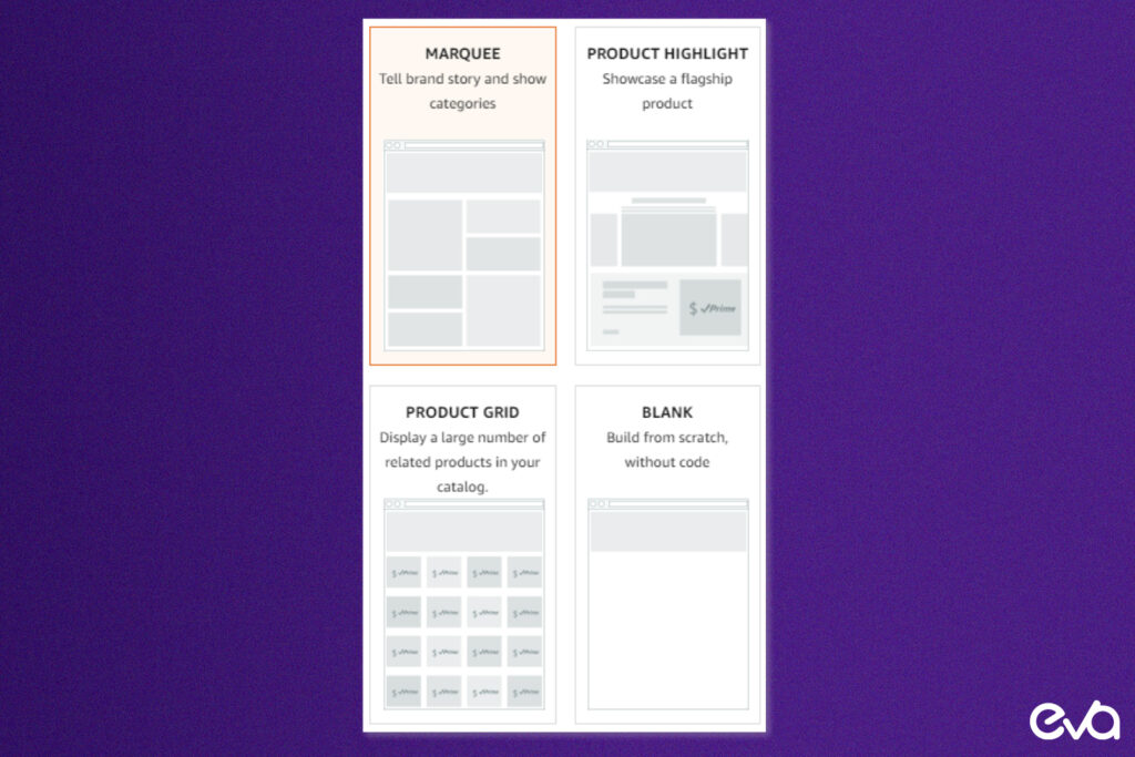 Here's A screenshot showing the various template options available in the Amazon Storefront builder. 