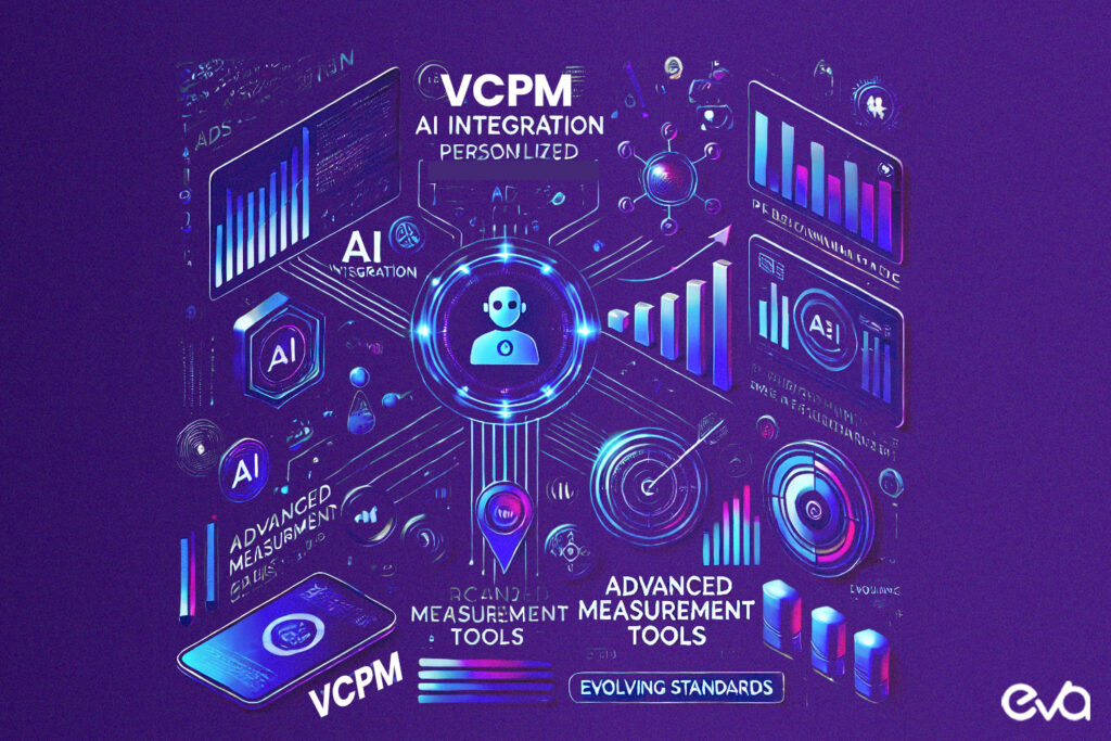 Here's A futuristic graphic showing trends in VCPM advertising, with visuals representing AI integration, personalized ads, advanced measurement tools, and evolving standards.