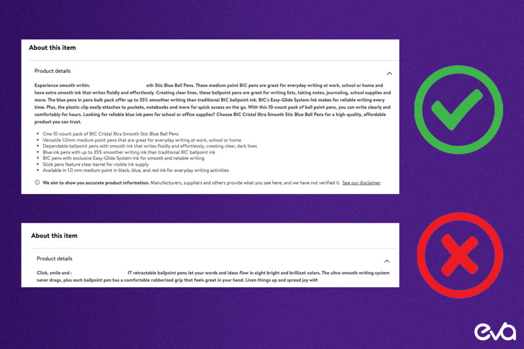 Here's A split-screen image showing a product description before and after optimization. Highlight sections where key features and benefits are emphasized and where keywords are naturally integrated.