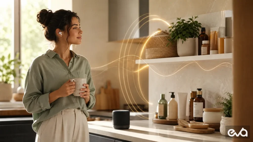 Shopper listening to audio near premium product shelves with subtle audio signal lines