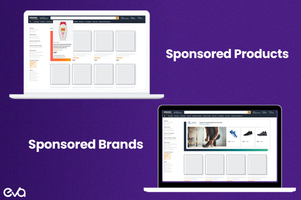 Here's a visual comparison side by side showing Sponsored Products that promote individual listings and Sponsored Brands that promote a group of products with a brand logo.