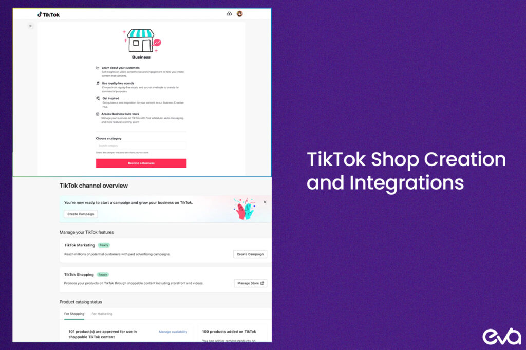 Screenshot of the TikTok Shop setup page showing how simple it is to link your business account and integrate your products. Highlight the easy-to-use interface with a step-by-step guide in the background.