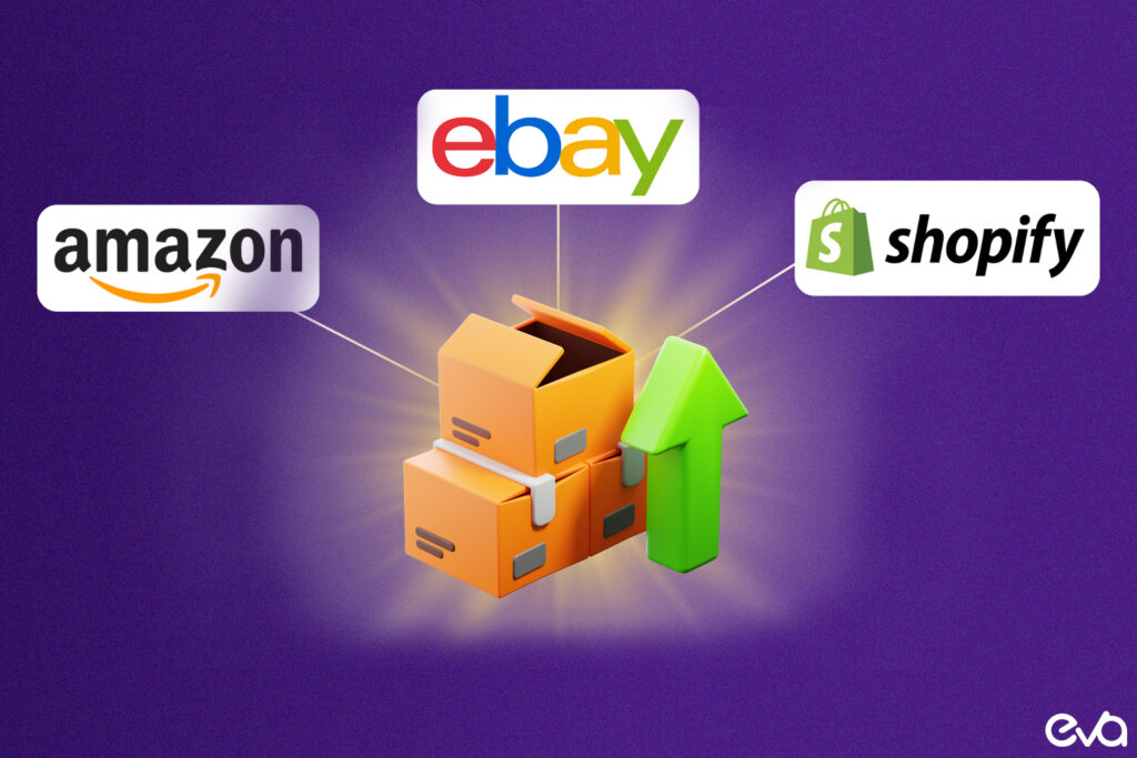 Here's a graphic of synchronized inventory tracking across multiple sales channels (Amazon, eBay, Shopify) with a central dashboard showing stock levels.