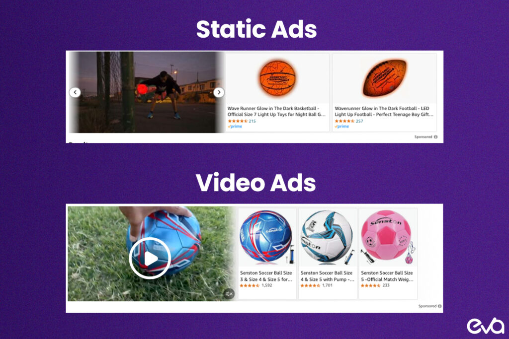 Here's a comparison chart showing the effectiveness of Amazon Video Ads versus static display ads, highlighting higher click-through rates, conversions, and brand recall for video ads.