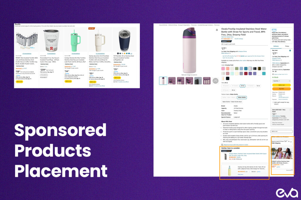 Here's a screenshot of Amazon search results highlighting Sponsored Products in different spots (top, middle, and bottom) and within product detail pages.