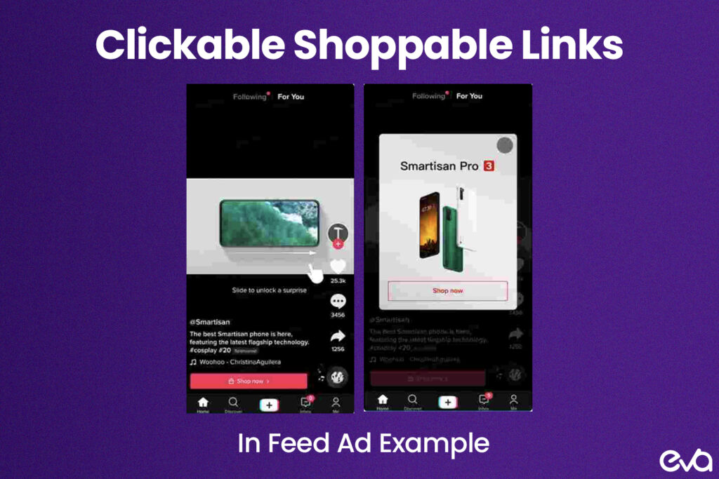 Here's a representation of an in-feed ad showing a product video with a clickable "Shop Now" link.