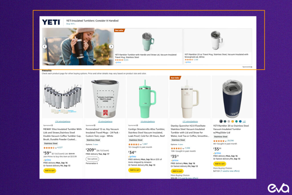 Here's an example of a Sponsored Brands ad in the top spot of Amazon search results showing the brand logo, headline, and several products.