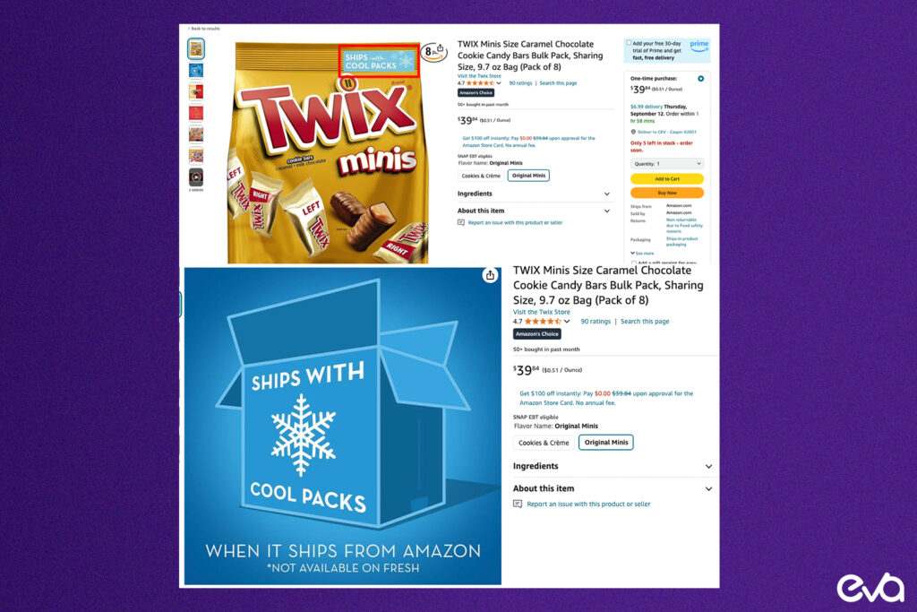 Here's A mock-up of an Amazon product listing page featuring a meltable product, like chocolates, with multiple high-quality product images.