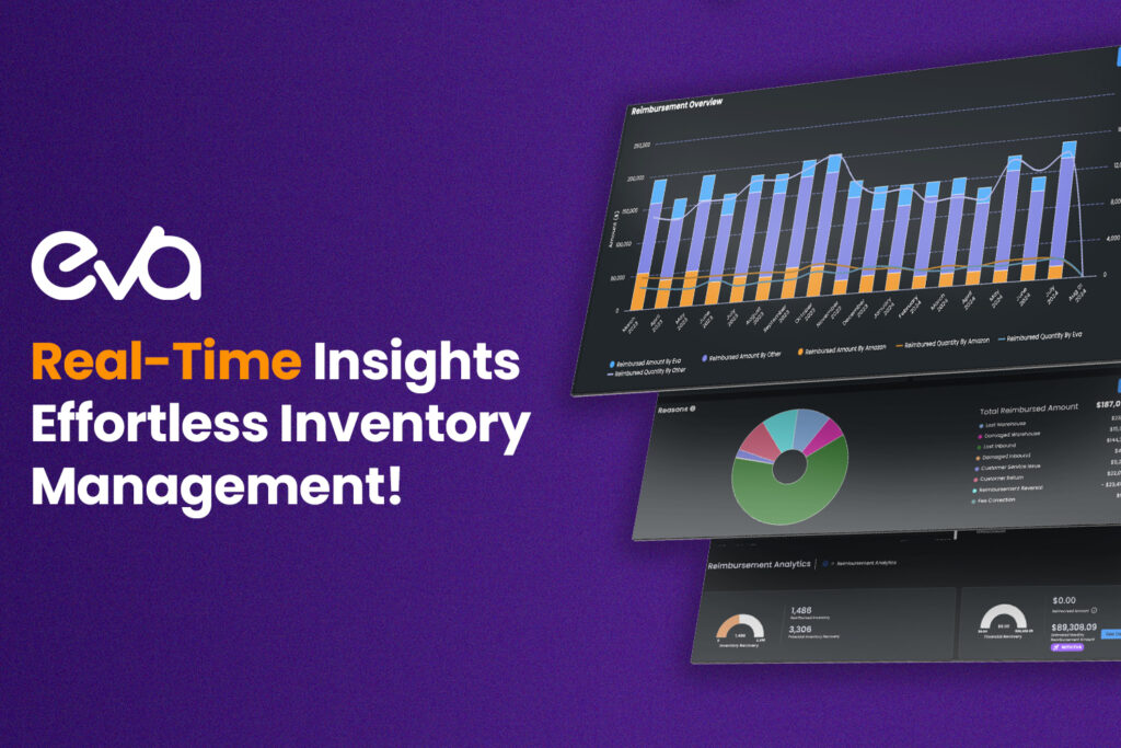 Here’s a visual of Eva's platform dashboard showing real-time inventory tracking, sales performance, and automated replenishment features. Use a clean, modern design to showcase the functionality of Eva's tools.