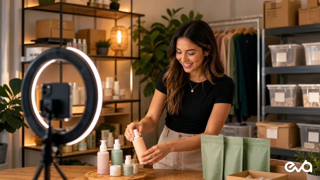 TikTok Shop sales strategy creator commerce product demonstration with Eva logo