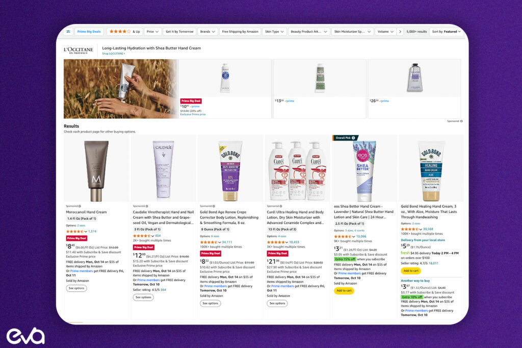 Here's A mockup of an Amazon search results page with a Sponsored Brands Ad prominently placed at the top, featuring a brand logo, custom headline, and three products. This highlights the placement advantage of Sponsored Brands Ads.