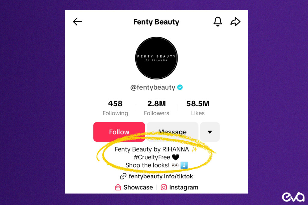 A visual example of a TikTok business profile with a search-friendly name, keyword-rich bio, and profile description to show how sellers can improve discoverability.