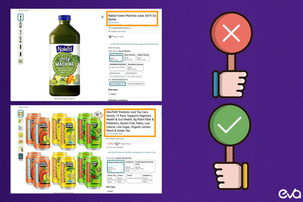 A visual comparison of a product page with optimized titles, high-quality images, and detailed descriptions vs. a non-optimized page, emphasizing the importance of well-crafted product listings.