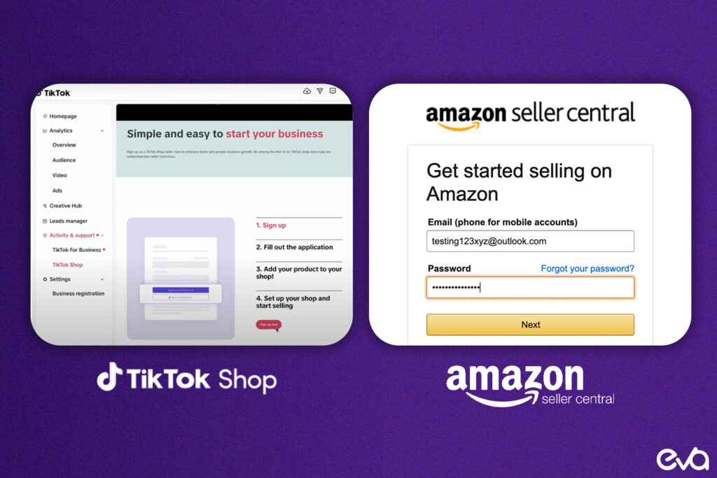 A side-by-side infographic comparing the setup process on TikTok Shop and Amazon, outlining the steps, requirements, and ease of getting started on each platform.