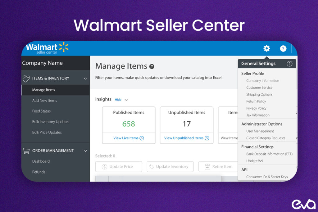 This is an illustration of the Walmart Seller Center dashboard, which showcases vital elements like order management, product listings, and inventory tracking tools.