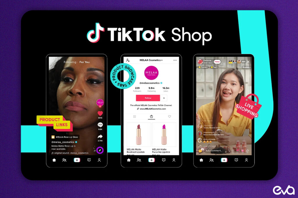 A visual showcasing the layout of a TikTok Shop, highlighting key features such as product listings, shoppable videos, and live shopping options.