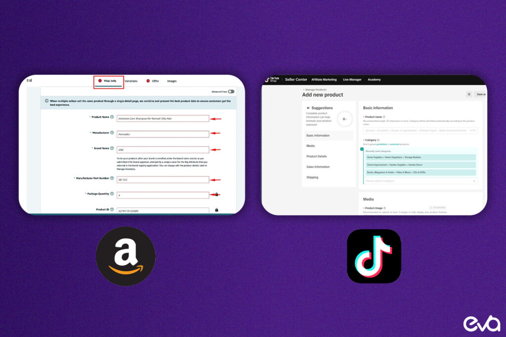 A visual showing the differences in product listing features between TikTok Shop and Amazon, including listing tools, SEO options, and how inventory is managed on both platforms.