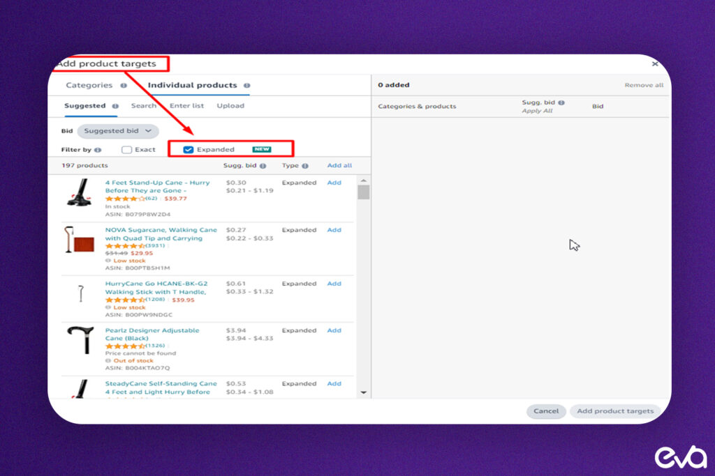 A step-by-step visual guide illustrating how to set up ASIN targeting in the Amazon Advertising dashboard.