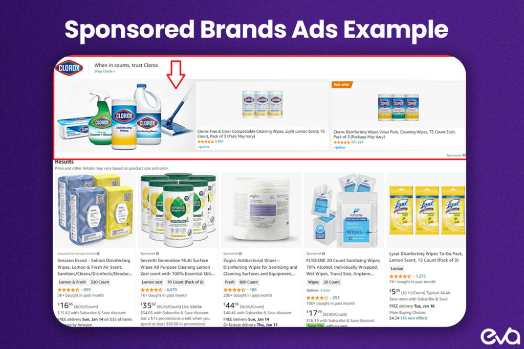 Here's A layout showcasing a Sponsored Brand ad, highlighting the brand logo, a custom headline, and multiple product placements in a visually appealing format.