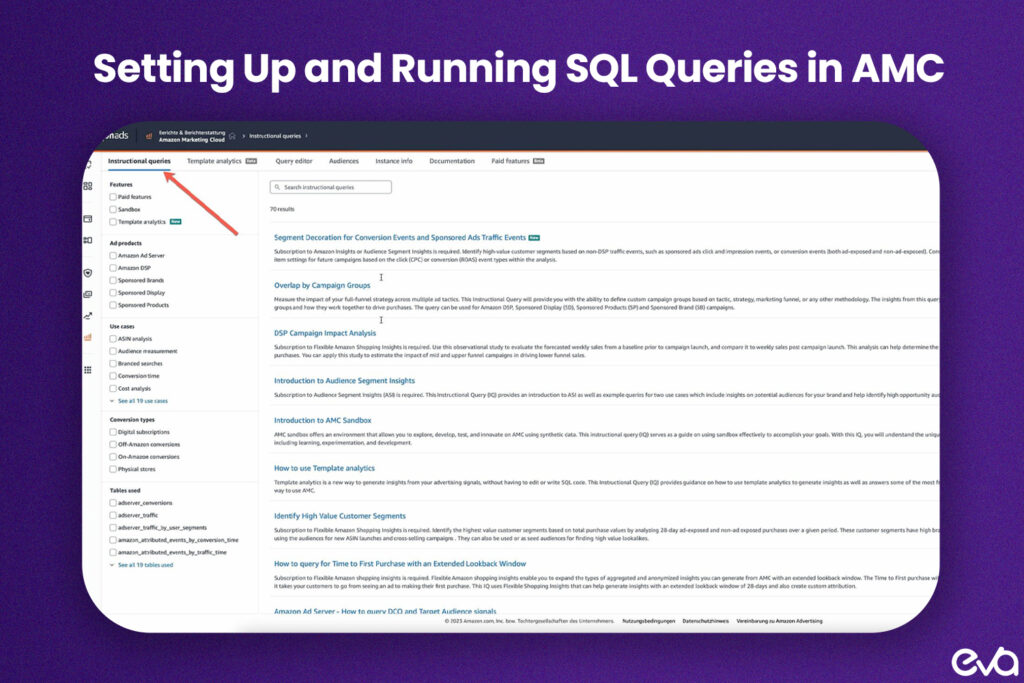 Screenshot-style mockup of an SQL query interface within AMC. Show an example SQL query with code syntax and a preview of the resulting data output. Label parts like "Query Input," "Run Query," and "Data Output" to give a realistic look of the AMC SQL environment.