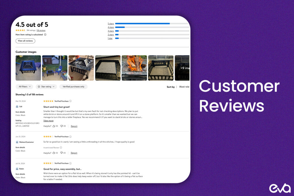 A visual highlighting the importance of customer reviews, showing a product listing with a star rating and how positive reviews can boost conversion rates.