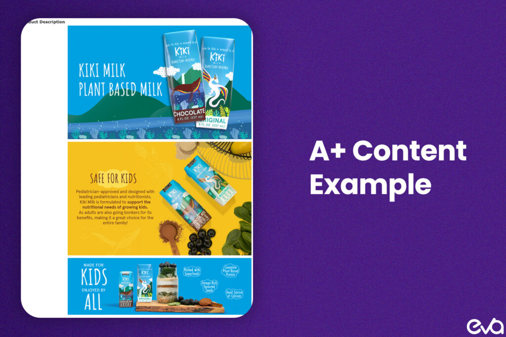 A mockup of enhanced A+ Content, showing how sellers can use rich media, images, and detailed product descriptions to improve product listings and engage customers.