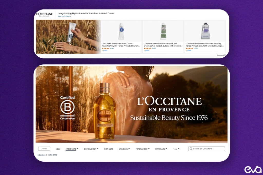 A split-screen visual showing the Amazon Brand Store on one side, with a custom storefront layout (logo, product categories, and images), and a Sponsored Brands ad on the other side, highlighting a brand logo and multiple product images. 