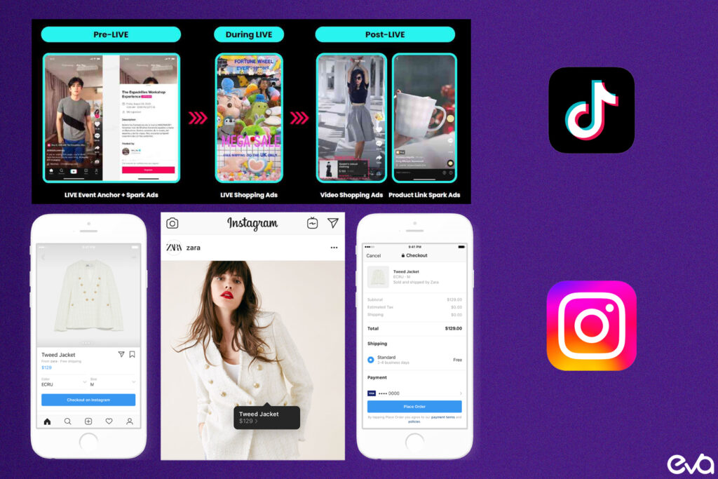 Here's A split screen showcasing TikTok Shop on one side and Instagram Shopping on the other. On the TikTok Shop side, show a storefront within TikTok with a product listing and a live shopping session in progress.