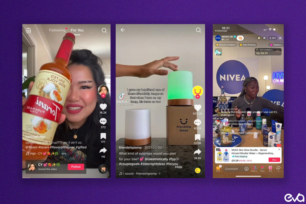 Here's a TikTok screen with various shop-related videos, showcasing products like clothing, gadgets, or home décor, representing a typical For You Page feed with user interactions (likes, comments).