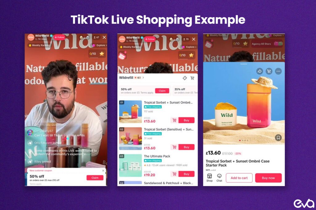 Here's An illustration of the TikTok Shop interface with a focus on product catalogs integrated seamlessly. Include elements like influencer promotions, a live shopping event, and an 'Add to Cart' button.