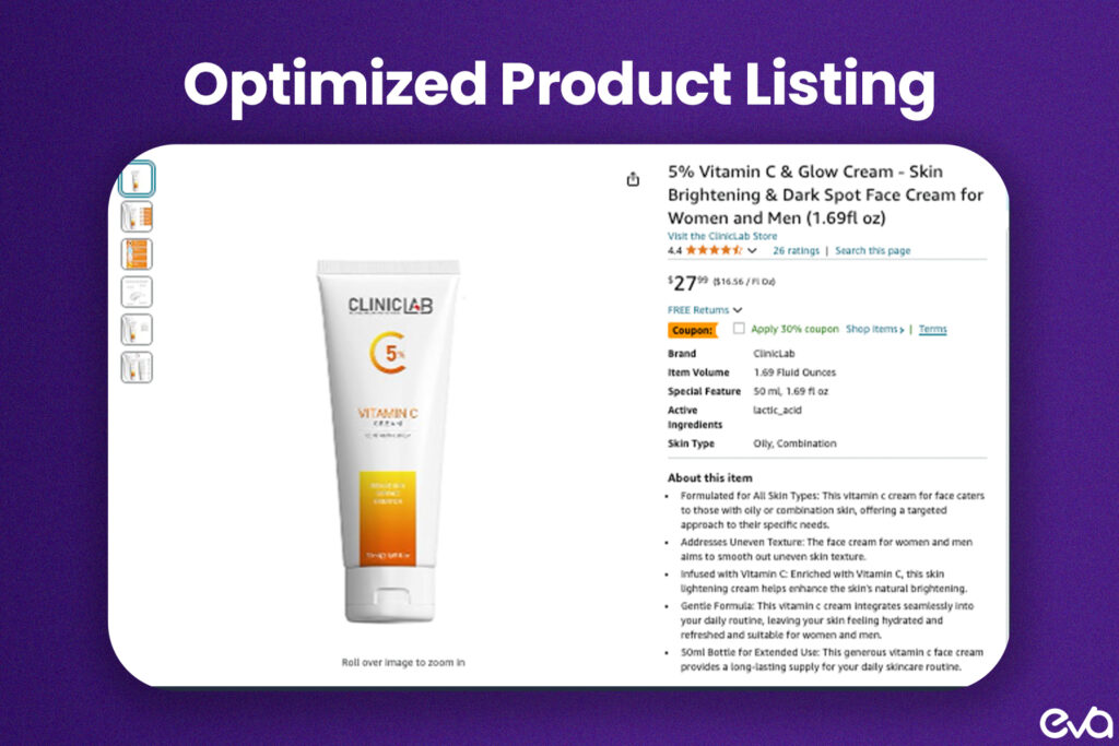 Here's A mockup of an optimized Amazon product listing, with highlights around key features such as the product title, high-quality images, and compelling descriptions.