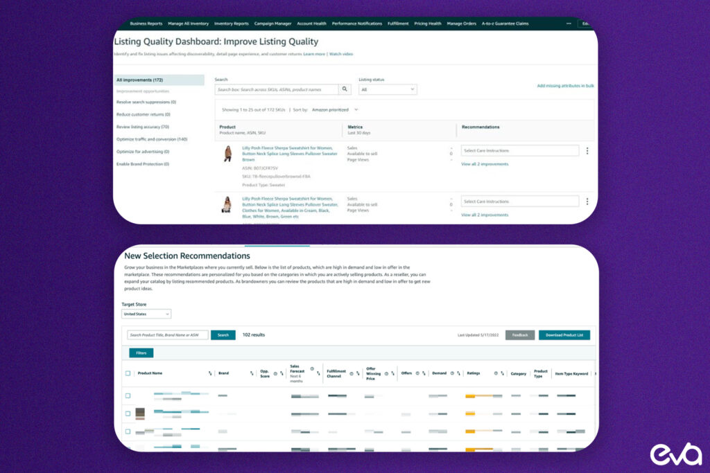 Here's a screenshot of an Amazon Seller Central listing management dashboard. Highlight sections where sellers can monitor listings, adjust pricing, or optimize keywords. This will demonstrate the tool's ability to manage and update listings efficiently.