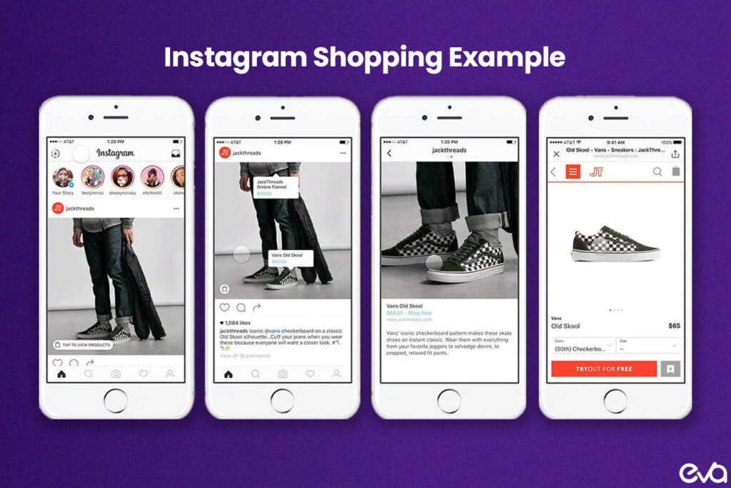 Here's A visual representation of Instagram Shopping featuring a user scrolling through a shoppable feed. Highlight the product tagging in a post and an AR filter where a user is trying on sunglasses.