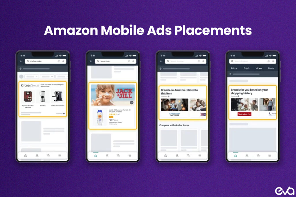 Here's Create an infographic-like image summarizing Amazon’s mobile ad types, such as Sponsored Products, Sponsored Brands, Sponsored Display Ads, and Amazon DSP. 