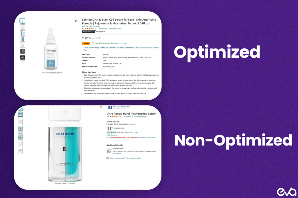 Here's a side-by-side comparison of an optimized product listing vs. a non-optimized one.